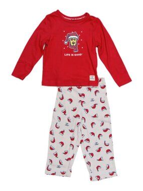 NWT LIFE IS GOOD Toddler Red Rocket Dog With Santa Hat And Striped Pajama Set